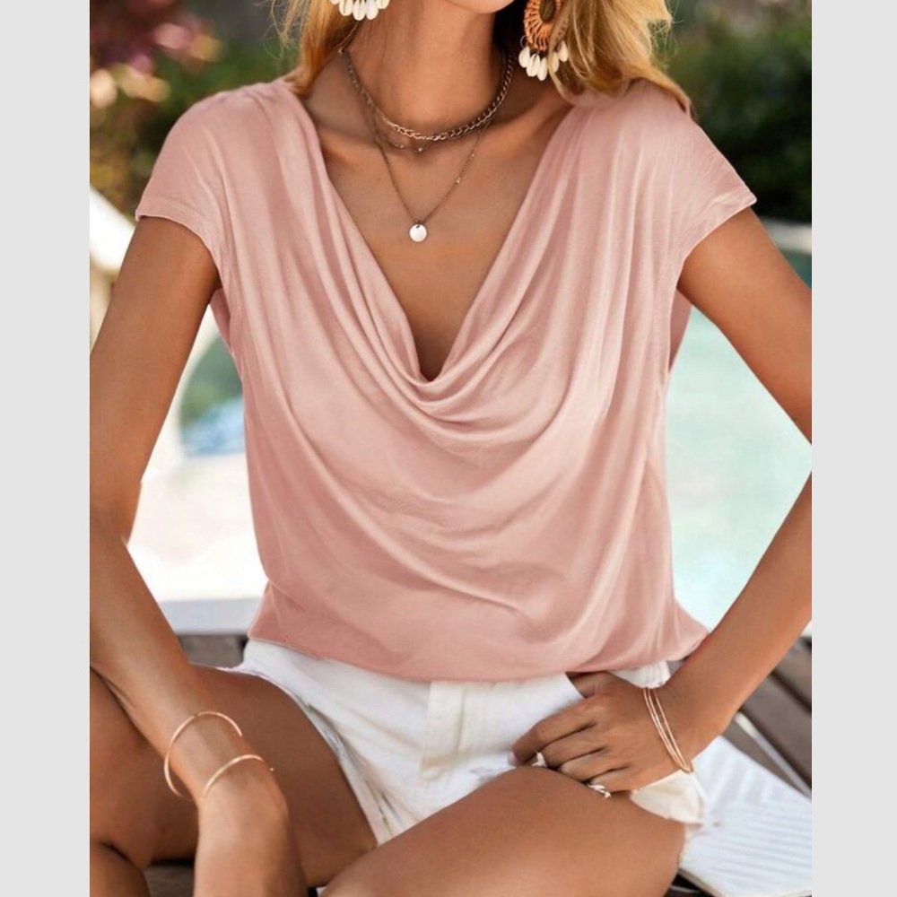 Flowy Cowl Neck Short Sleeve Blouse - Rose Pink